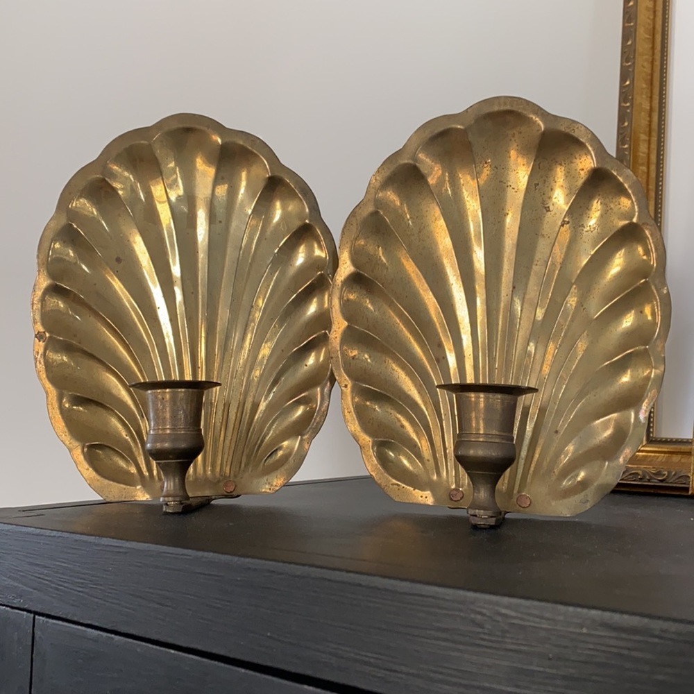 SOLD:Set of Vintage Brass Shell Candle Holder